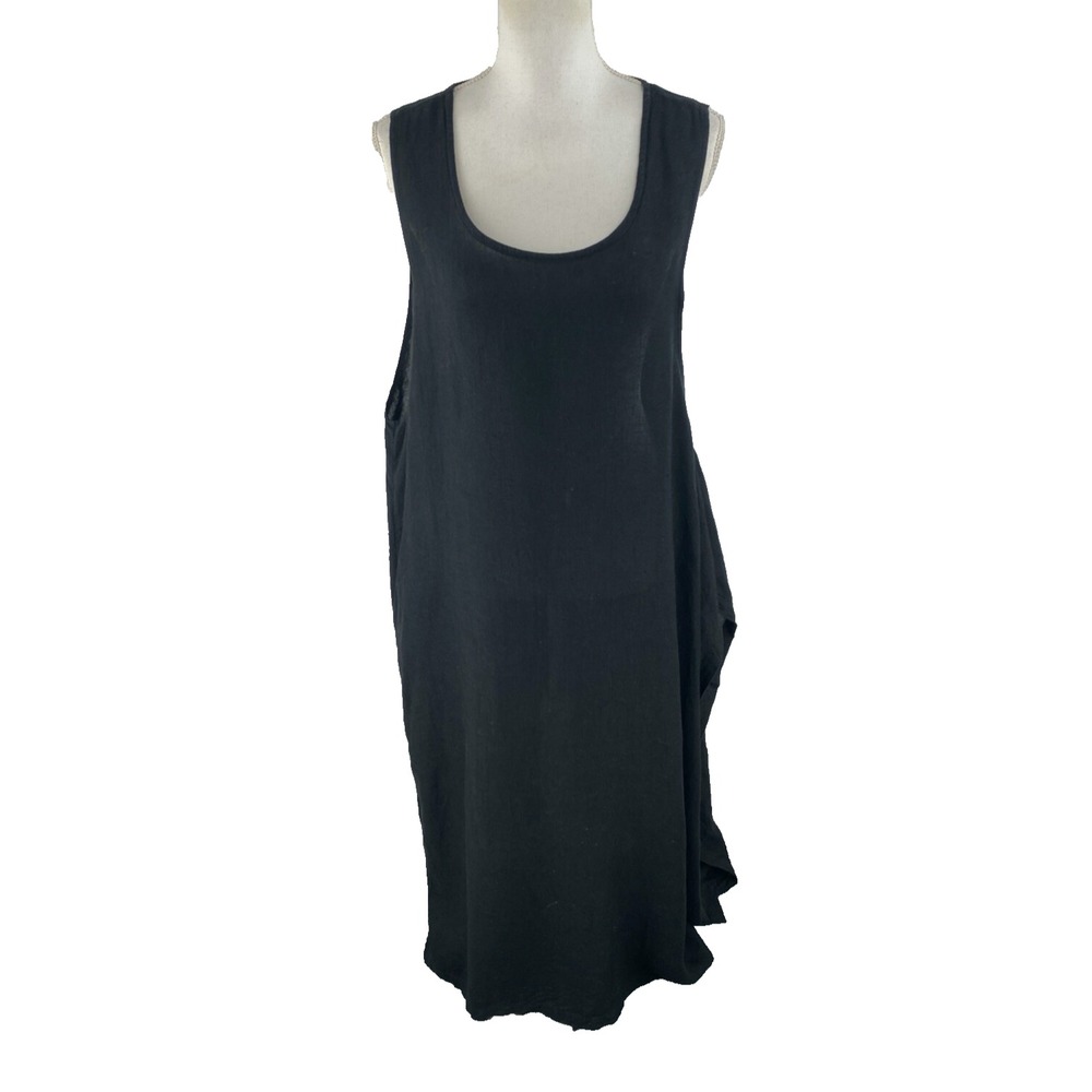 Kedem‎ Sasson OS Oversized Side Drape Scoop Tank Linen Lagenlook Dress Black